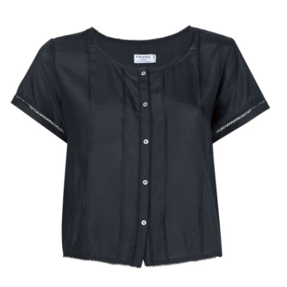 FRAME Silk Short Sleeve Button Down Blouse Black
